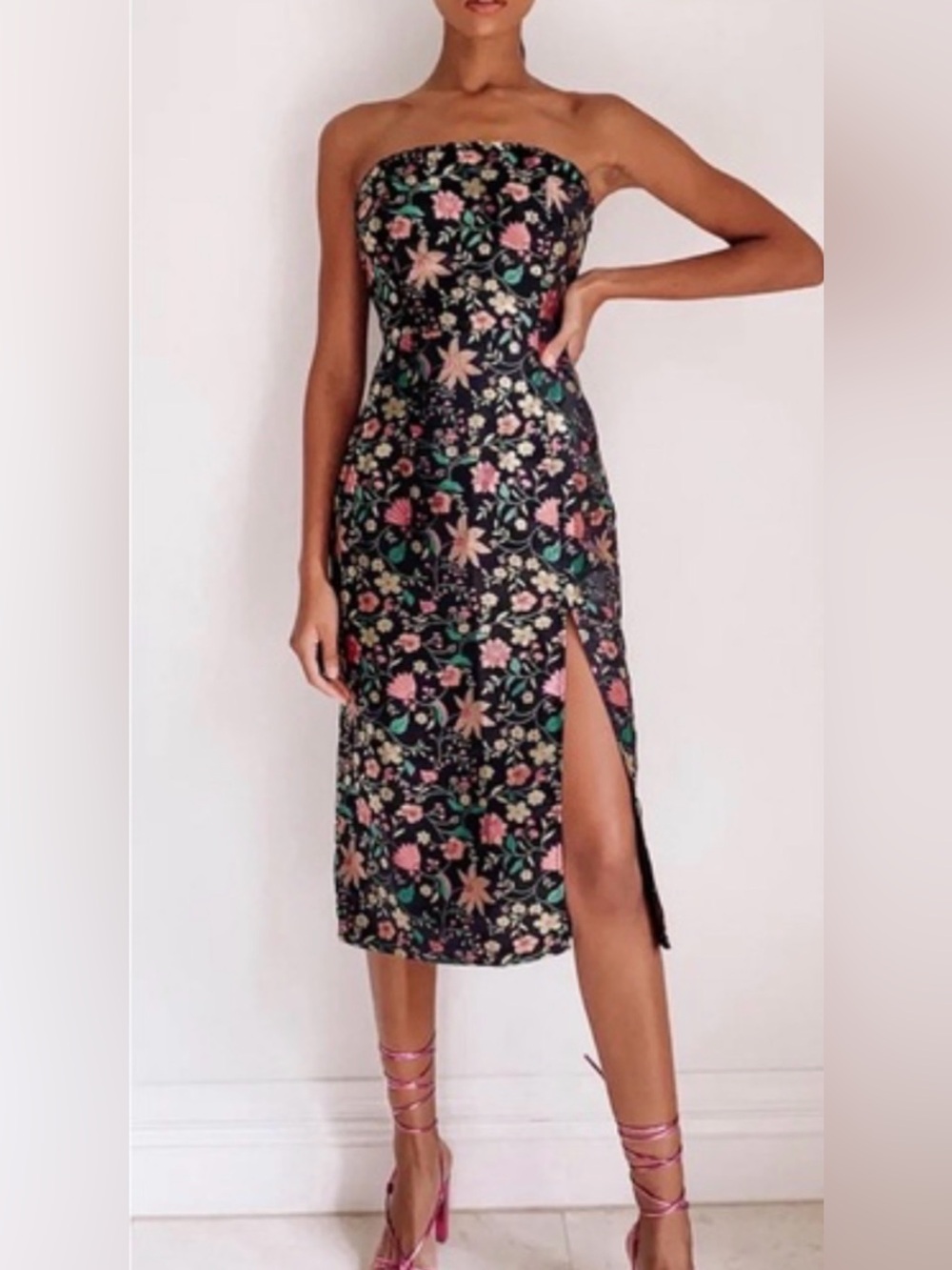 Lulu's Black Floral Satin Maxi Slip Dress with Pink Accents